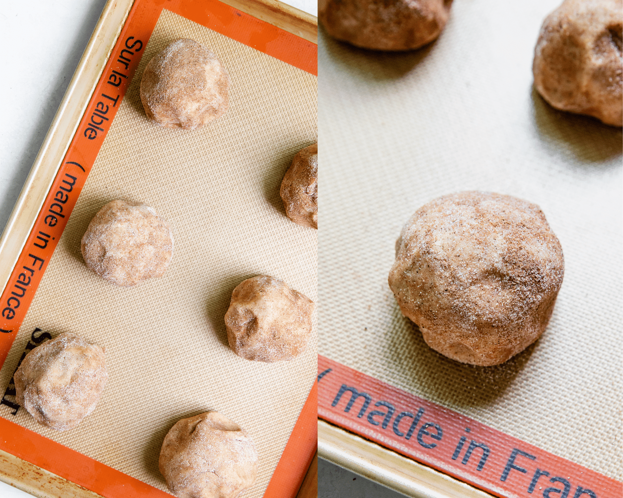 chai cookie dough balls on a silpat baking mat o a gold baking sheet