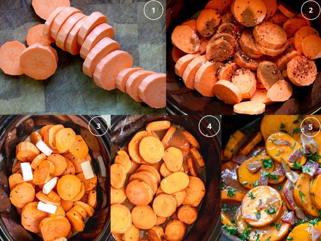 sweet potatoes cut into rounds in a black crock pot
