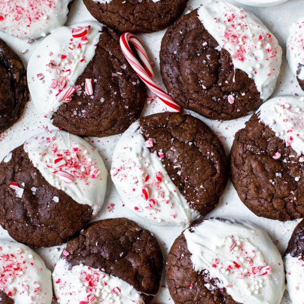 cookies dipped in white chocolate garnished with crushed peppermint candy canes