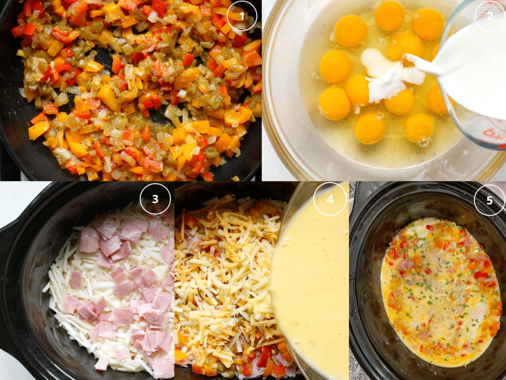 step by step photos making a breakfast dish in the slow cooker