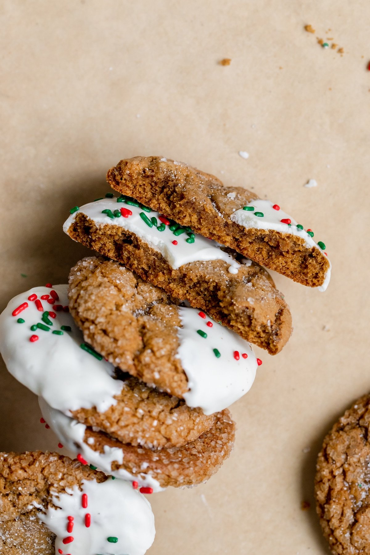 molasses cookies dipped in white chocolate