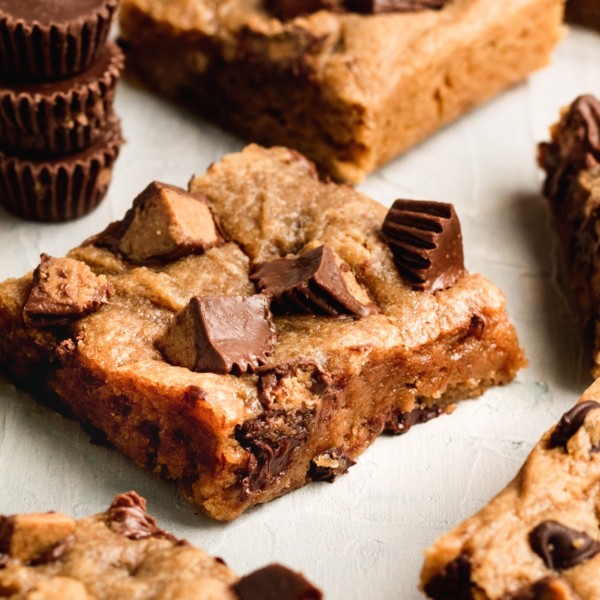 a blondie with peanut butter cups on top