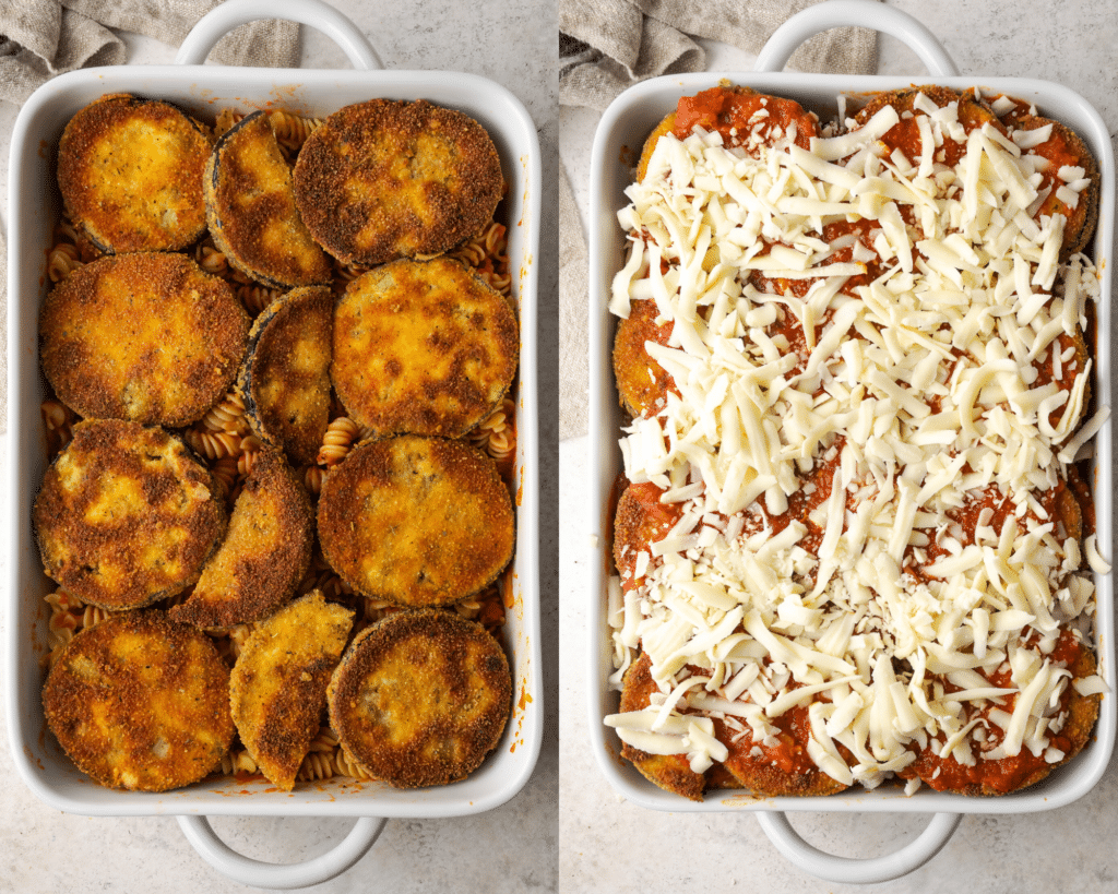 White casserole dishes side by side. One with breaded eggplant slices, the other with shredded white cheese atop breaded eggplant slices