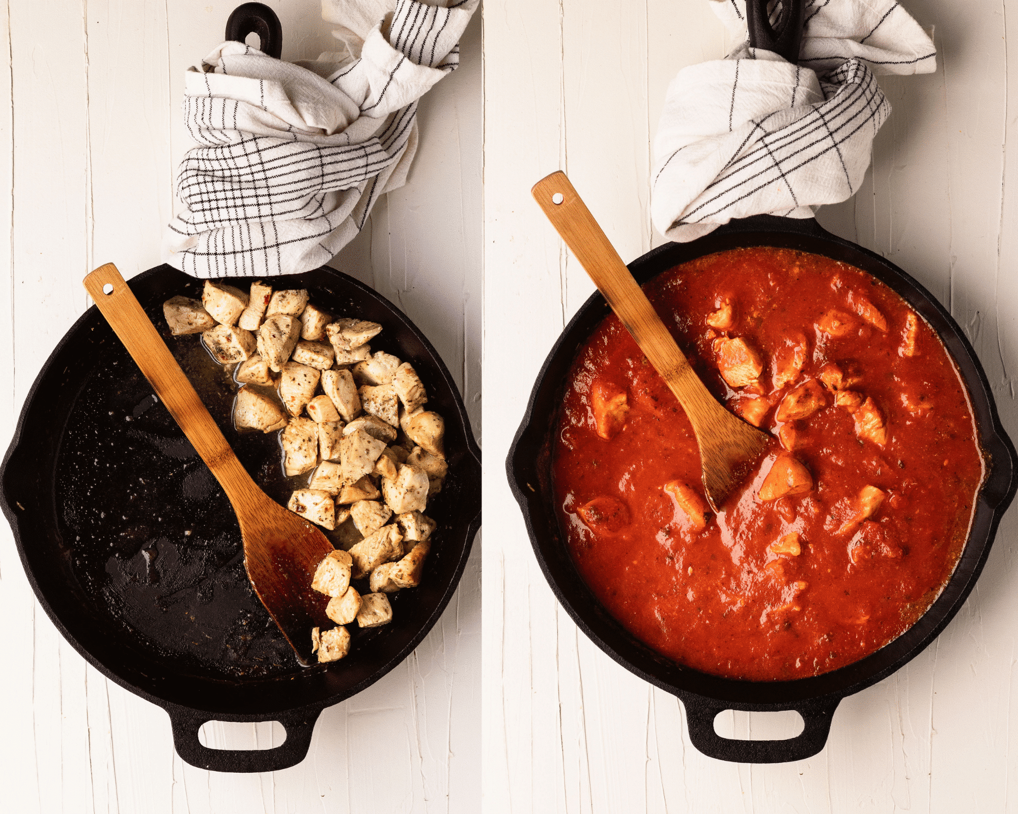 chicken and red sauce in a black cast iron skillet