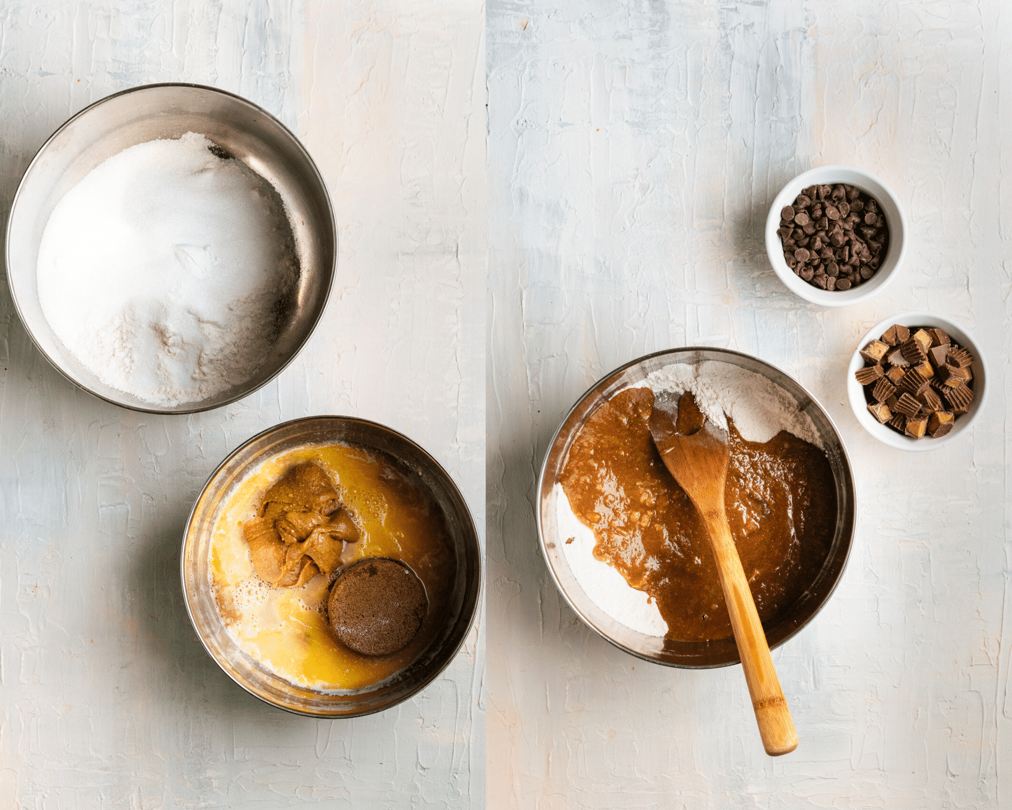 blondie batter in mixing bowls with a wooden spoon