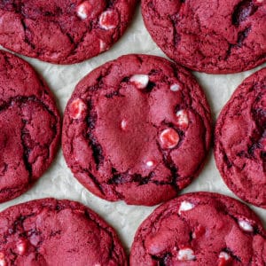 an up close photos of cookies made with red velvet cake mix