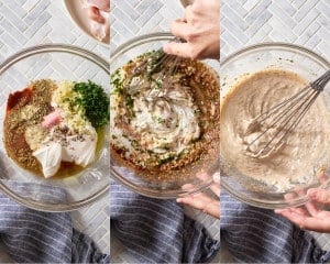 Three-step collage showing Greek yogurt, spices, garlic, parsley, lemon juice, olive oil, and vinegar being combined and whisked together to create a creamy chicken marinade.