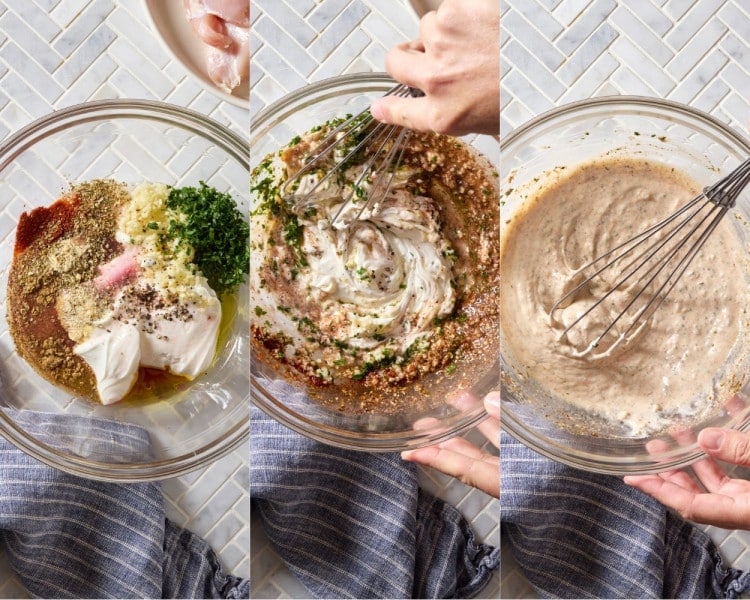 Three-step collage showing Greek yogurt, spices, garlic, parsley, lemon juice, olive oil, and vinegar being combined and whisked together to create a creamy chicken marinade.
