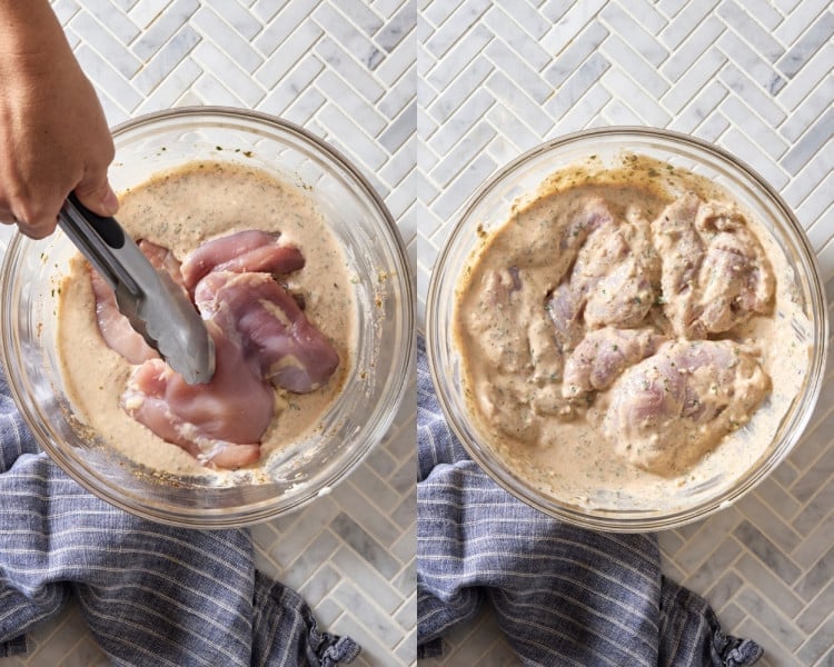 Two-step collage showing boneless skinless chicken thighs being added to a Greek yogurt marinade and coated until fully covered.