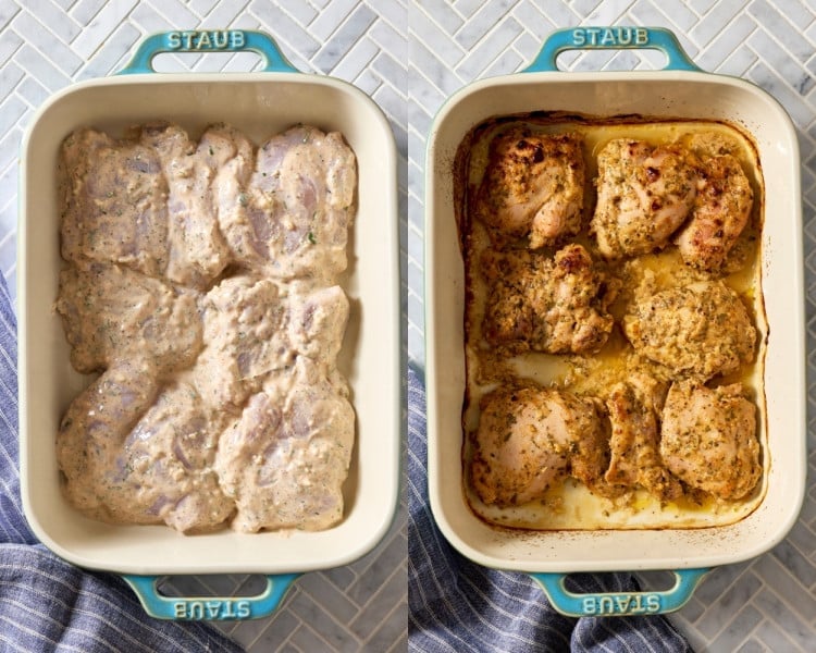 Side-by-side images showing marinated chicken thighs arranged in a baking dish before baking and baked until golden brown and cooked through.