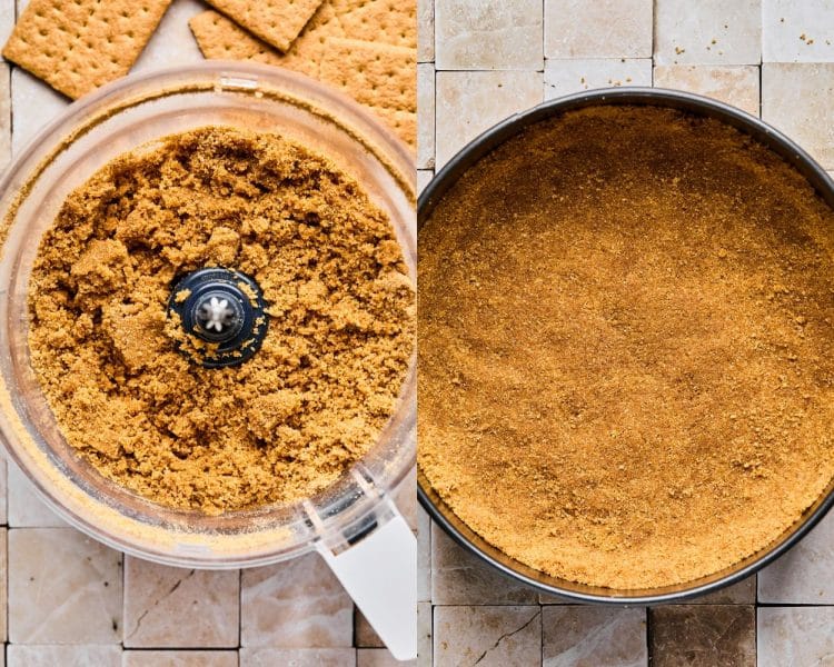 Two images side by side. Left side shows graham cracker crumbs in a clear food processor bowl. Right side shows graham cracker crumbs pressed into a pie tin.