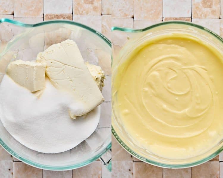 Two images side by side. Left side shows blocks of cream cheese and sugar in a clear kitchenaid mixer bowl. Right side shows those ingredients mixed together.