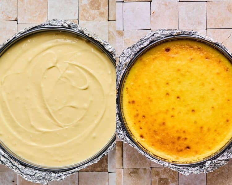 Two images side by side. Left side shows cheesecake base in a pie tin. Right side shows the cheesecake after baking.