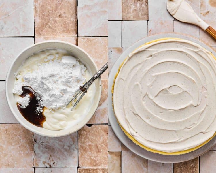 Two images side by side. Left side shows bowl with sour cream, vanilla, and vanilla bean paste. Rigth side shows these ingredients mixed together and spread atop a round cheesecake.