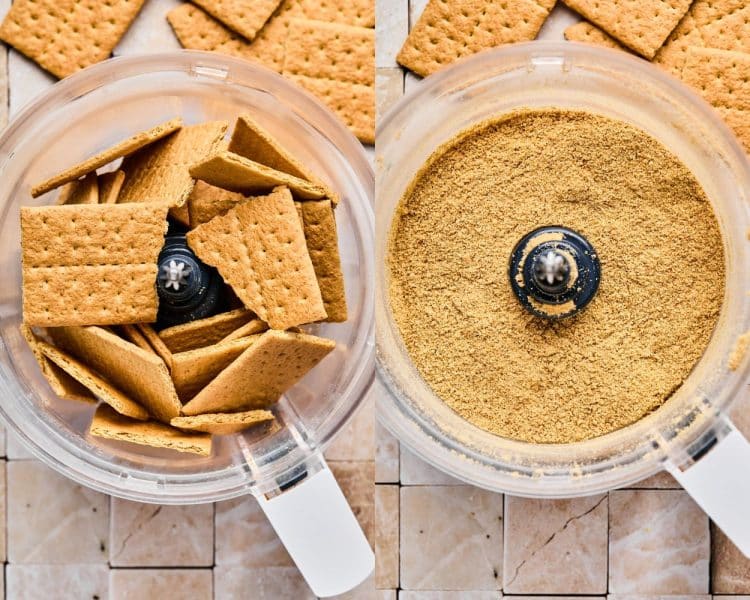 Side by side images of a clear food processor bowl. Left side shows graham cracker squares added to the bowl. Right side shows these ingredients pulsed.