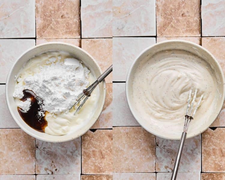 Side by side images of a bowl mixing a vanilla bean paste frosting with a whisk.