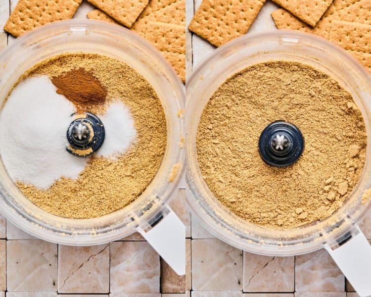 Side by side images of a clear food processor bowl. Left side shows finely minced graham cracker pieces with sugar and cinnamon. Right side shows these ingredients mixed together.