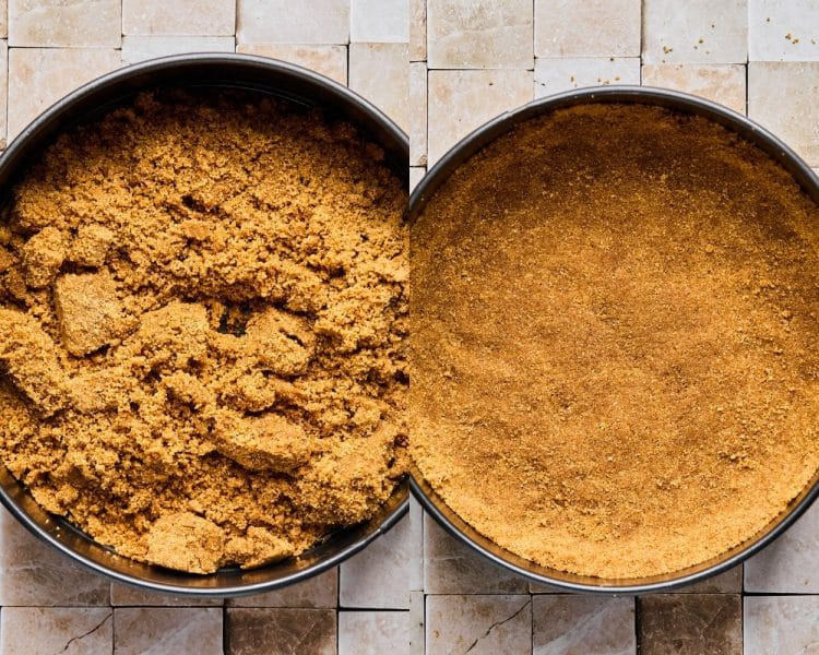 Side by side images of a pie pan. Left side shows graham cracker crumbles in the pan. Right side shows the crumbles flatted into the bottom and sides of the pan.