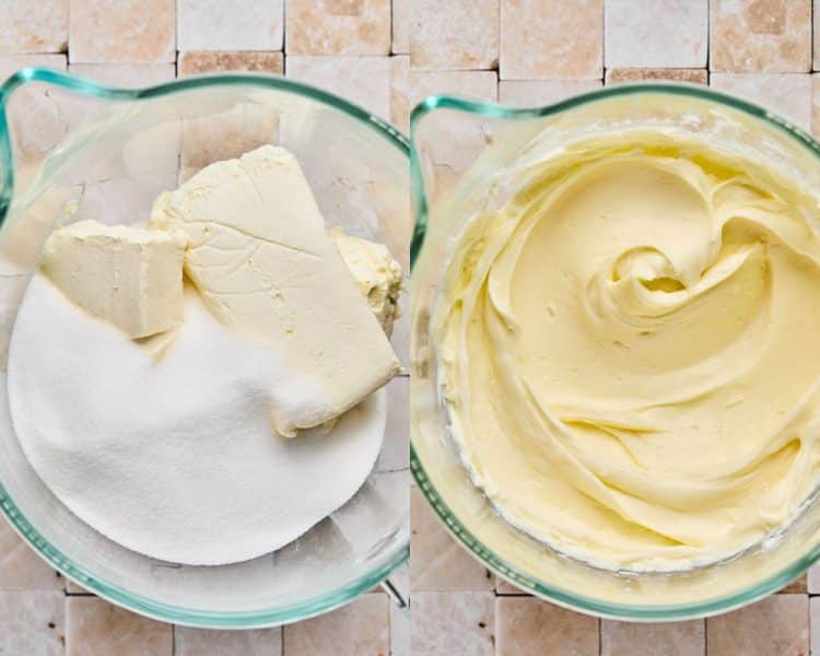 Side by side images of clear mixing bowls. Left side image shows sticks of cream cheese with granulated sugar on top. Right side shows these ingredients mixed.