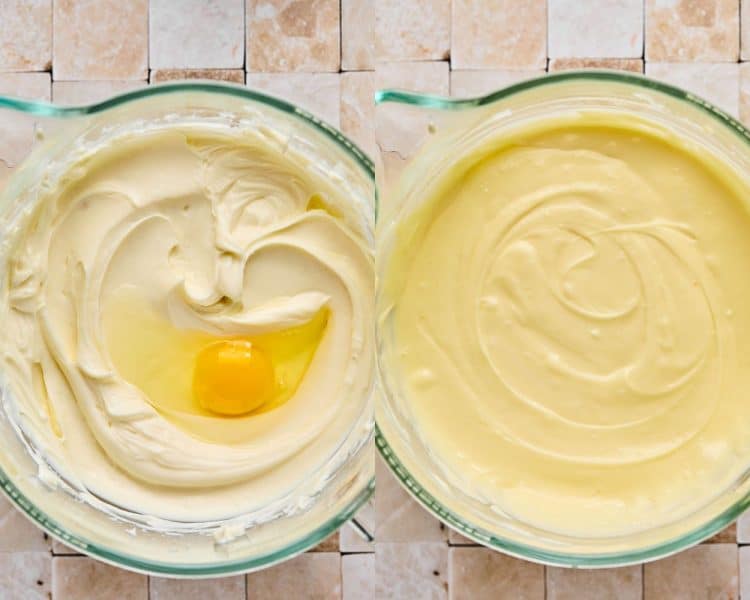 Side by side images of cheesecake filling being made.