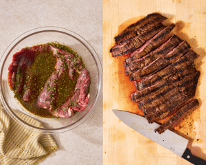 Side-by-side of preparing carne asada for breakfast burritos.
