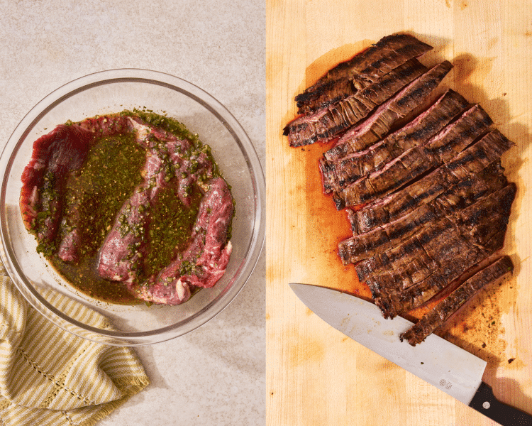 Side-by-side of preparing carne asada for breakfast burritos.