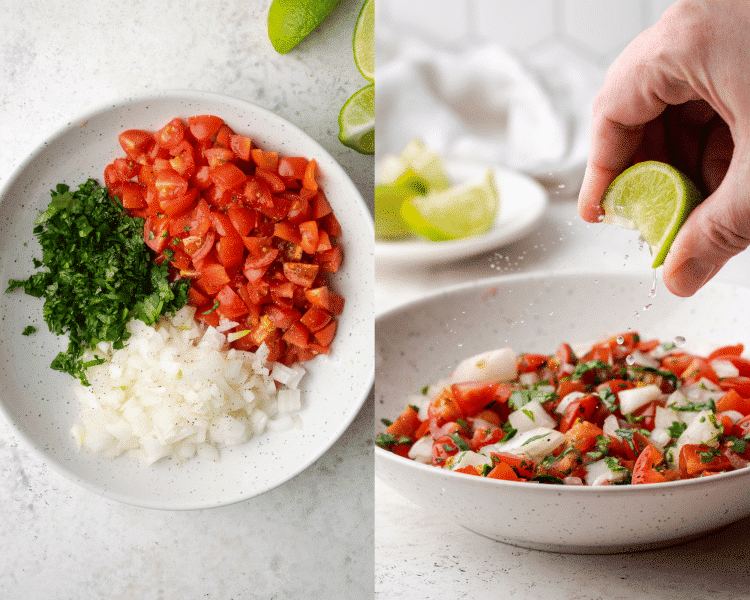 Side-by-side image of preparing pico de gallo.