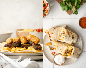 Side-by-side image of assembling carne asada breakfast burritos.