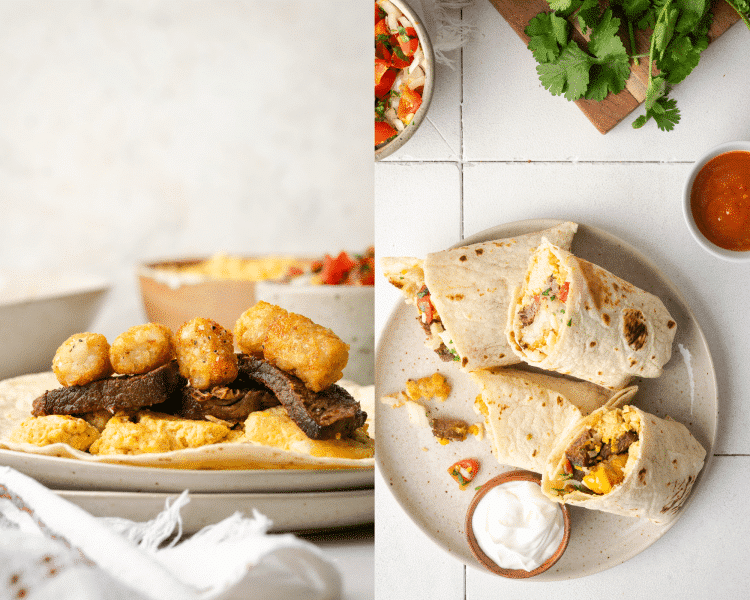 Side-by-side image of assembling carne asada breakfast burritos.