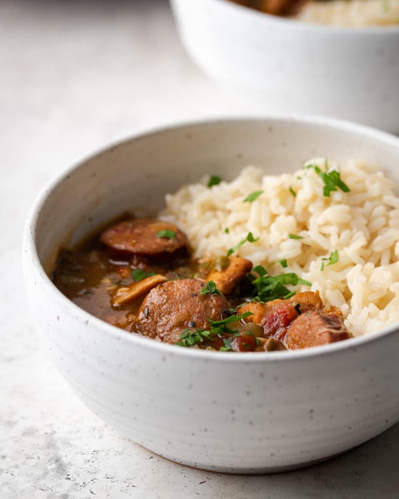 My Chicken Leg and Sausage Gumbo recipe is The Art of Gumbo.