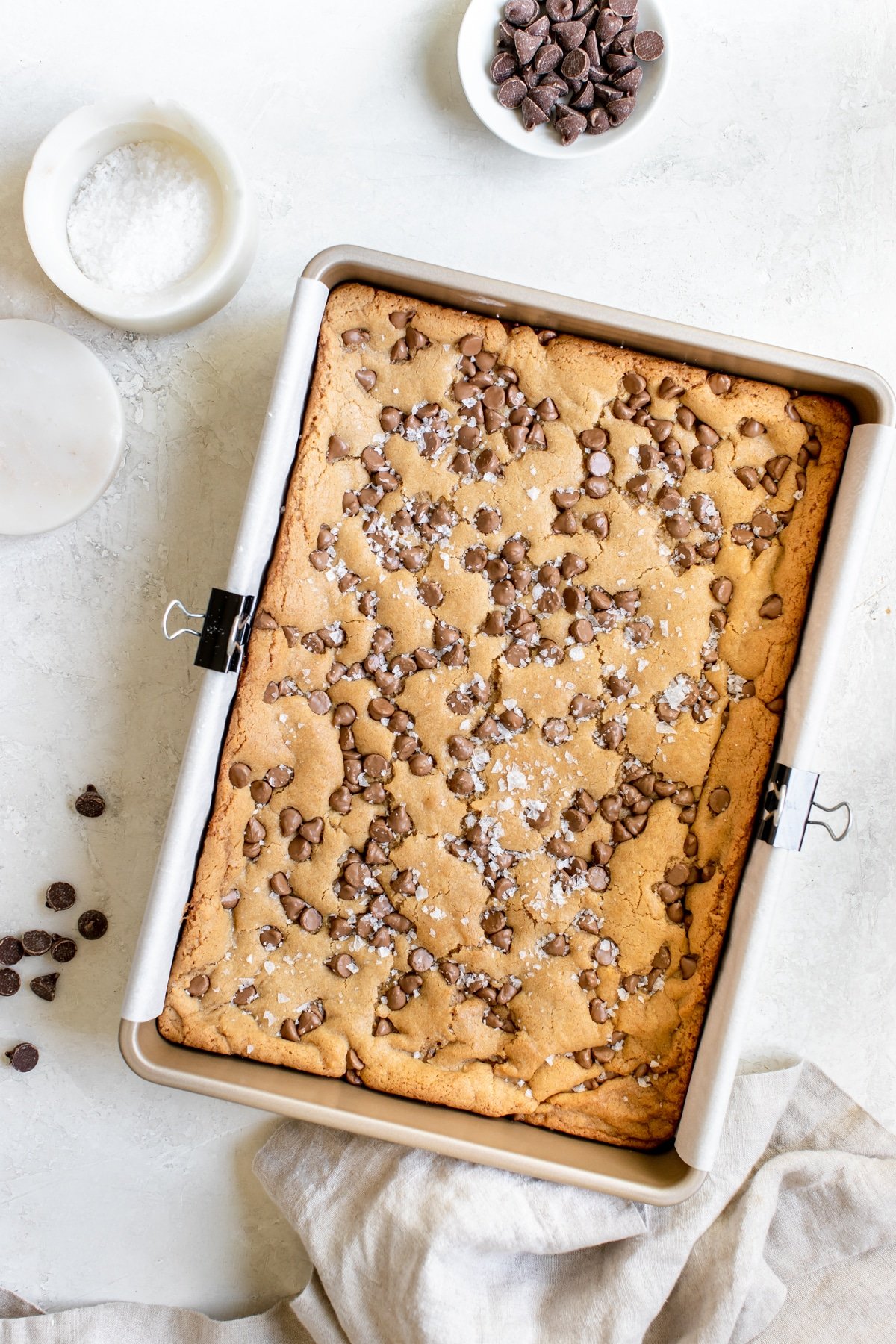 blondies in a baking pan with salt on top