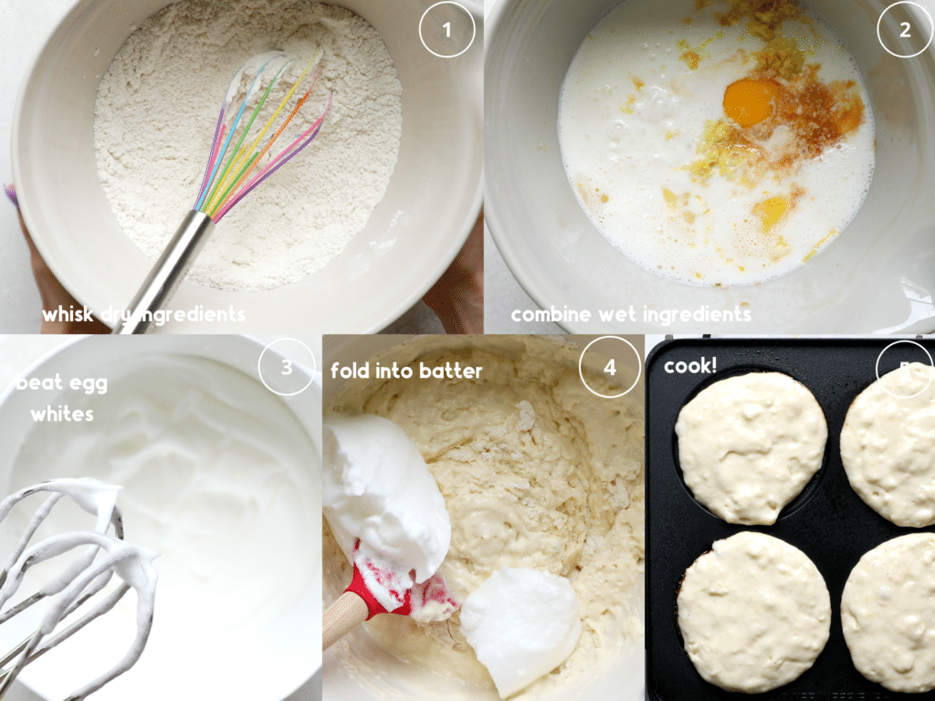 5 images showing the step by step process of whisking ingredients, combining wet ingredients, beating egg whites, folding the egg whites into the batter, and cooking pancakes