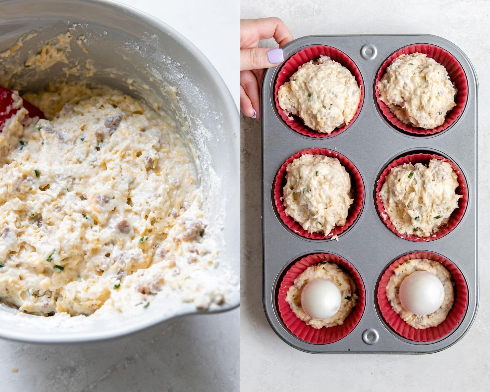 muffin batter in a bowl and show in a jumbo muffin tin
