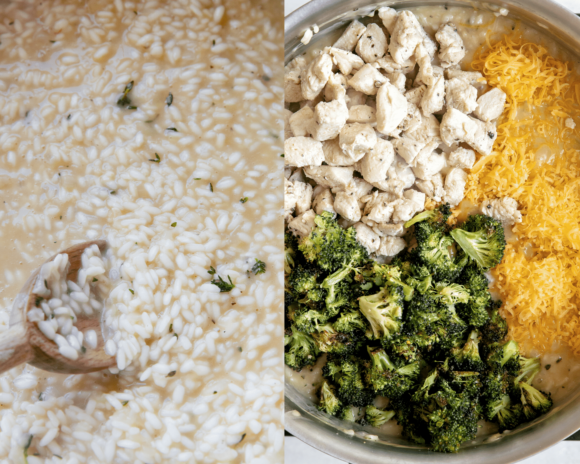 risotto in a skillet with a wooden spoon and cheddar, chicken and broccoli on risotto