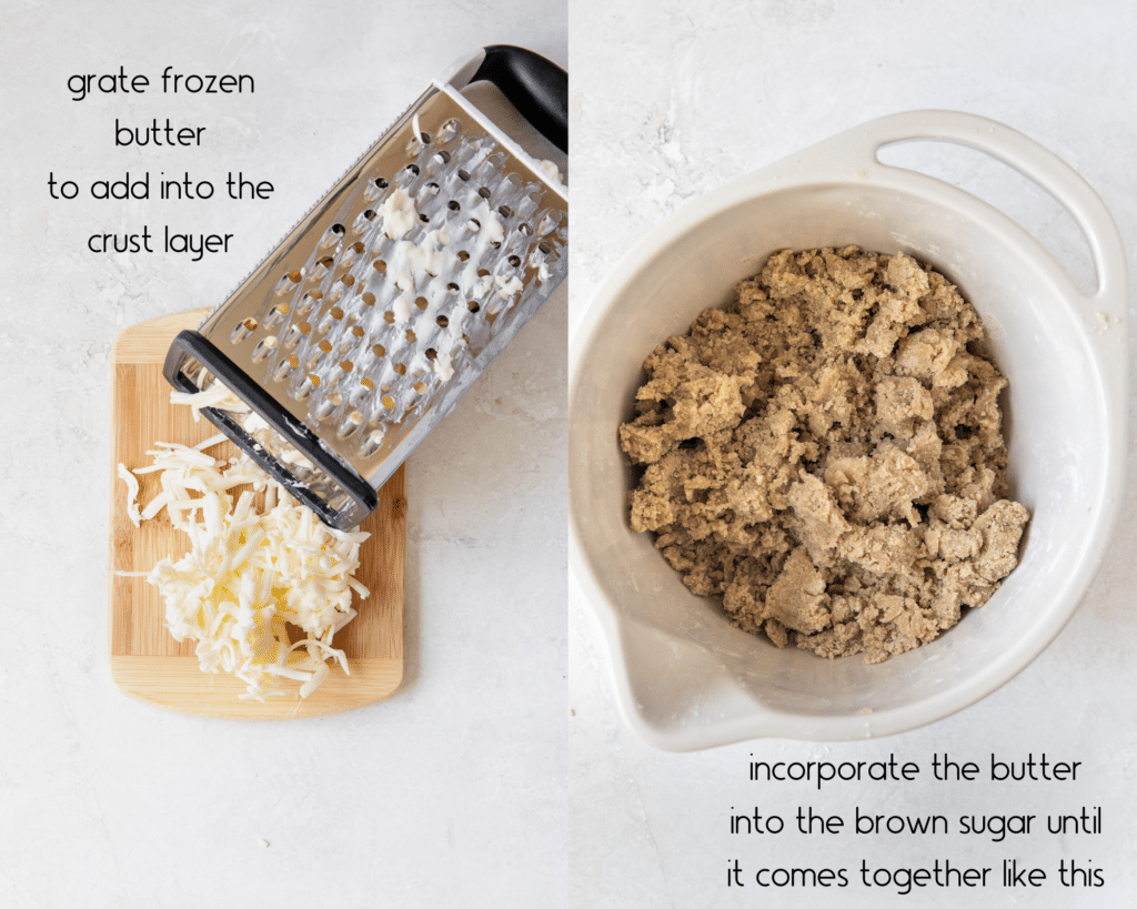 grated butter on a small wooden cutting board with a box grater and brown sugar in a mixing bowl