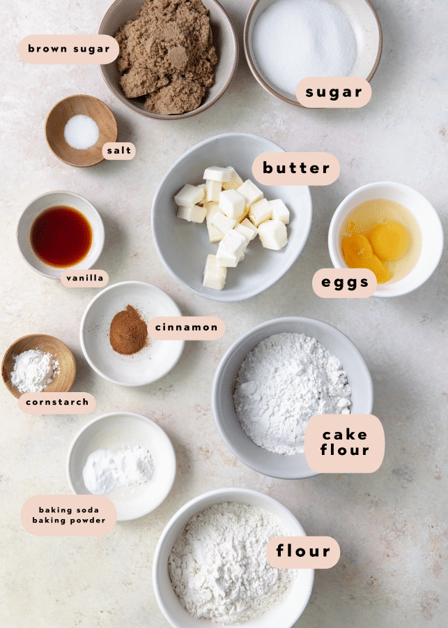 ingredients to make cookies in small bowls 