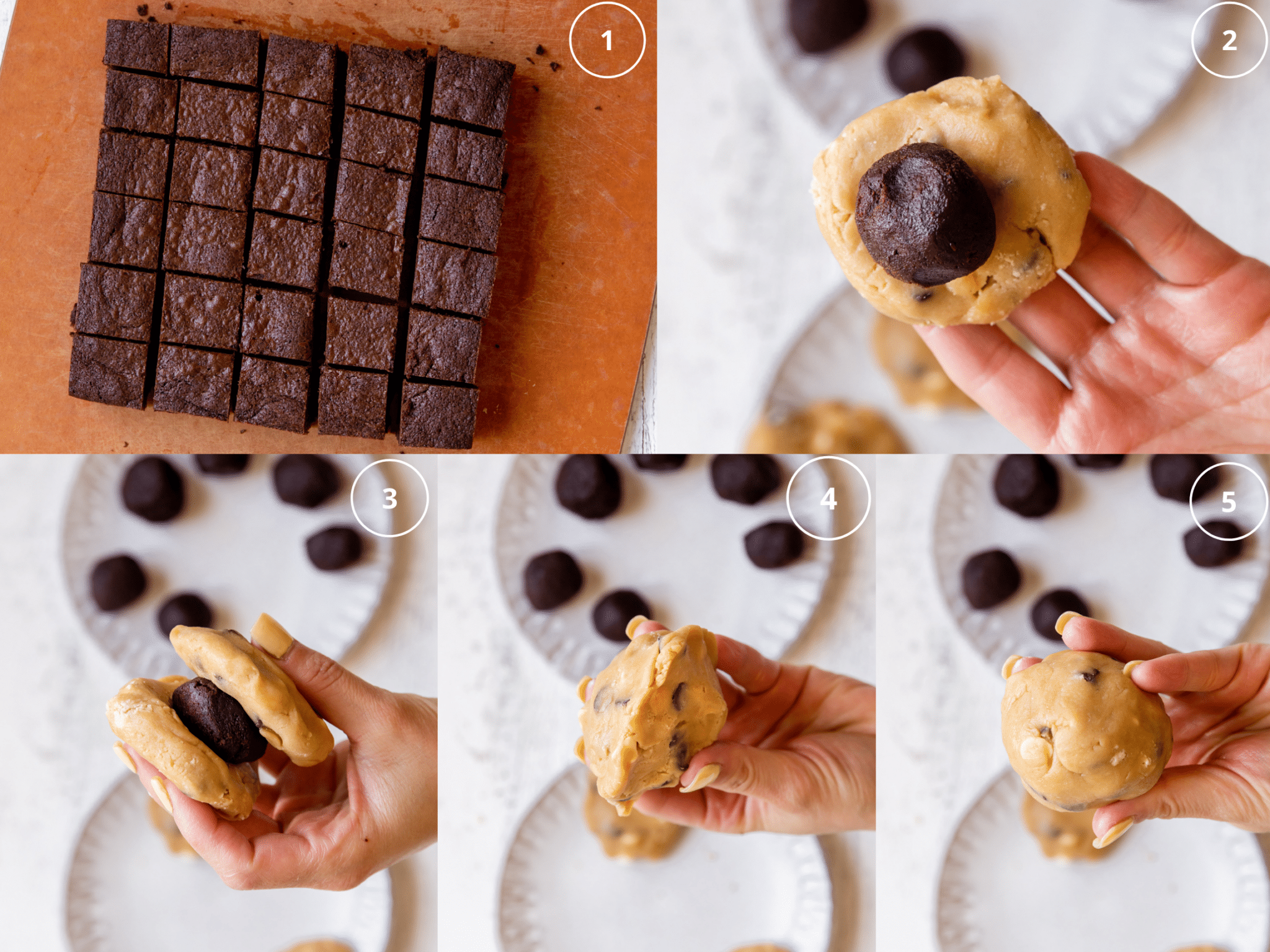 images showing how to stuff a brownie inside a chocolate chip cookie.