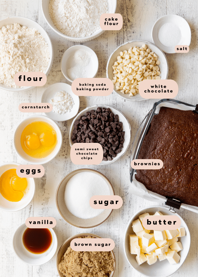 ingredients in small bowls needed to make brownie cookies.