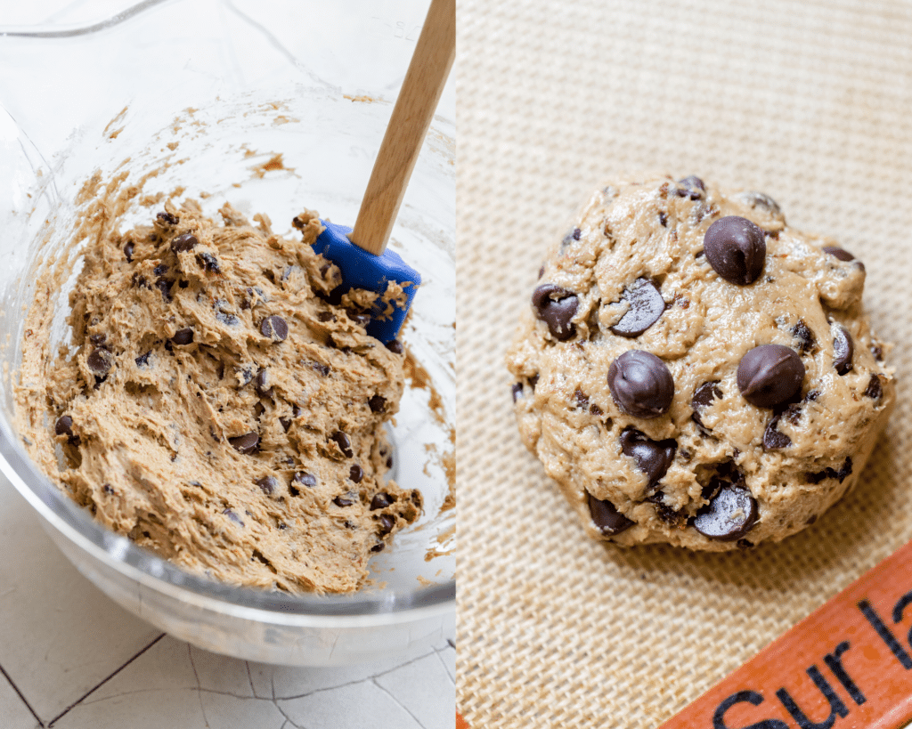 cookie dough in a glass mixing bowl.