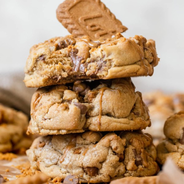 a stack of cookies with a Lotus Biscoff cookie on top.
