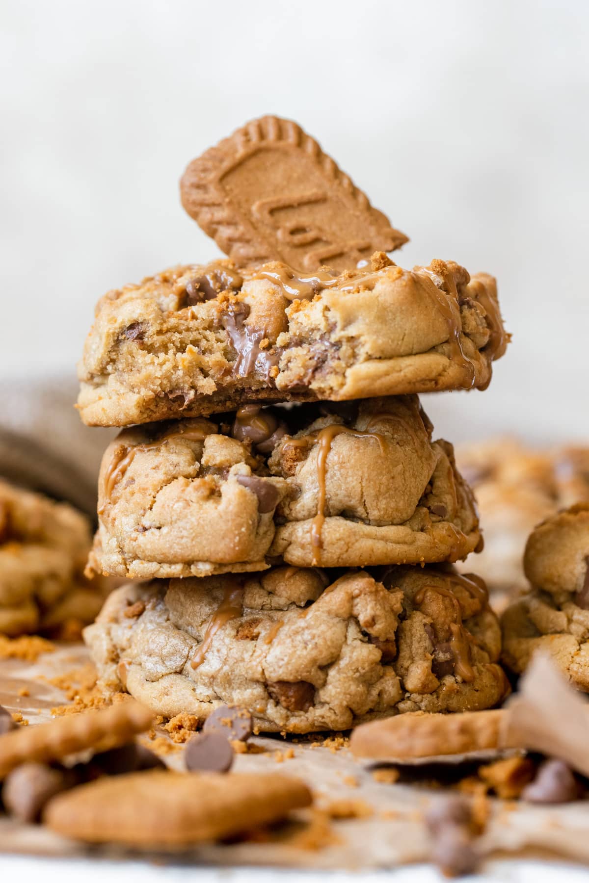 a stack of cookies with a Lotus Biscoff cookie on top.