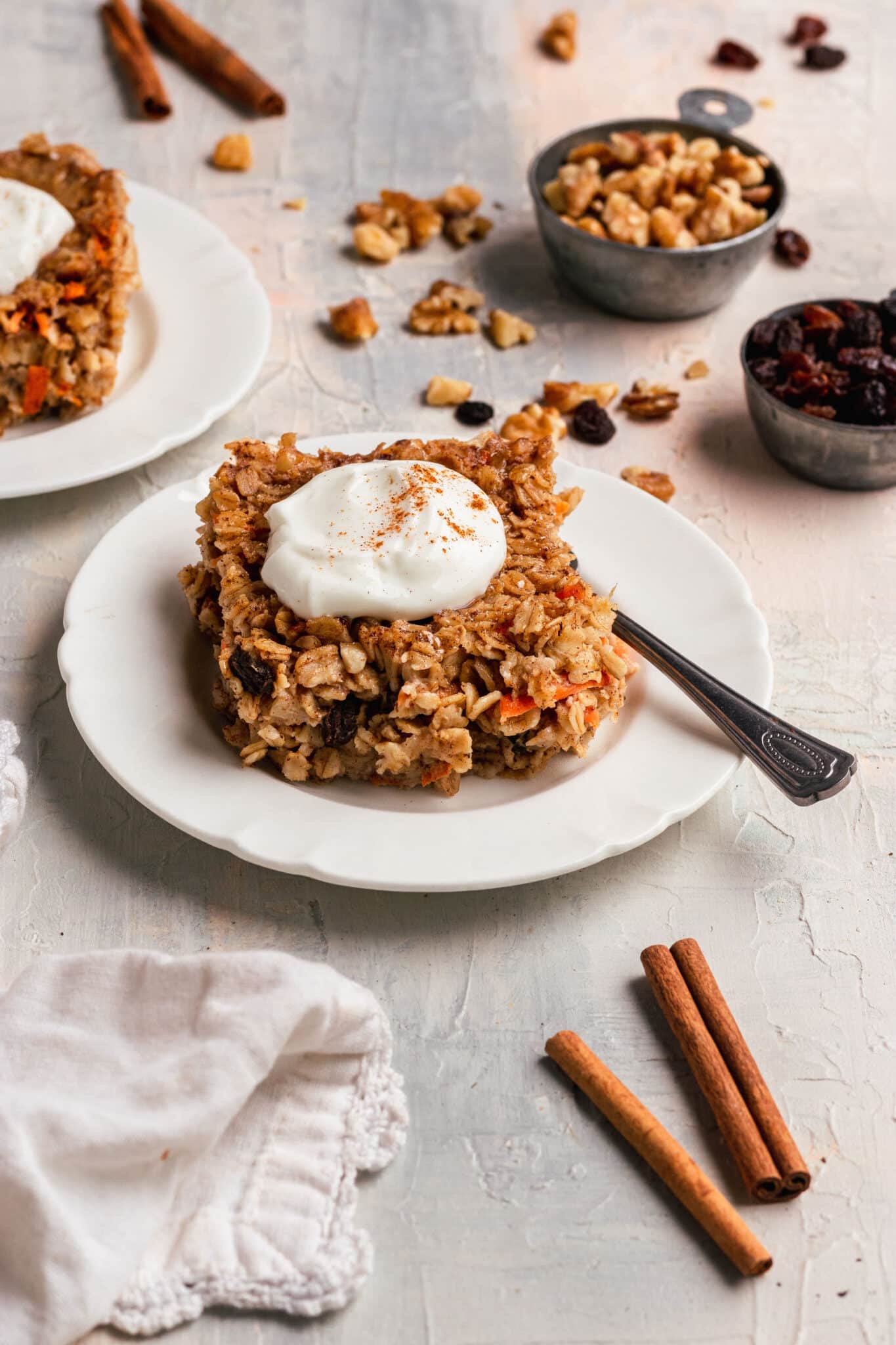 a sliced of baked oatmeal on a white plate