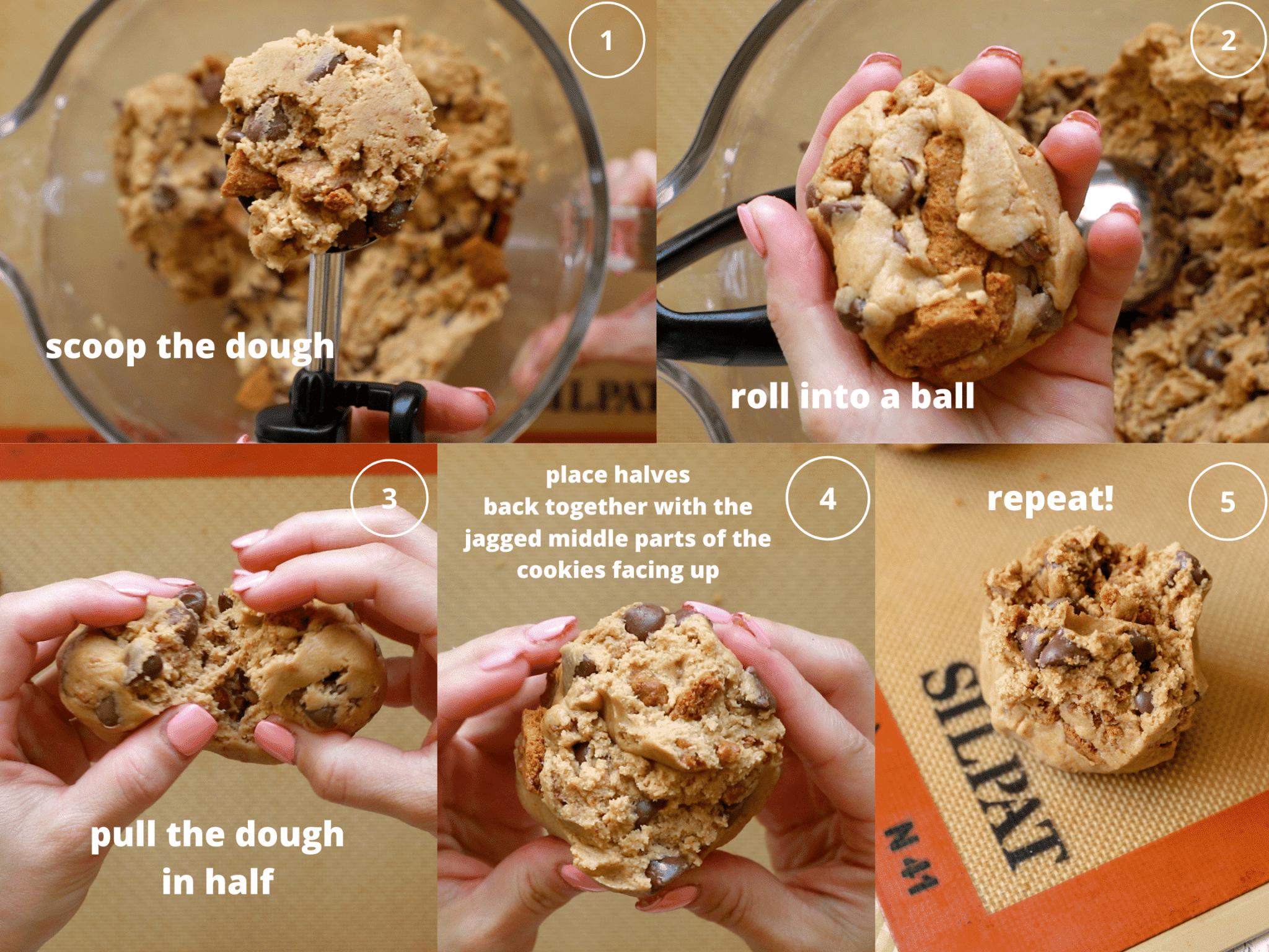 step by step photos of rollings a cookie dough ball.