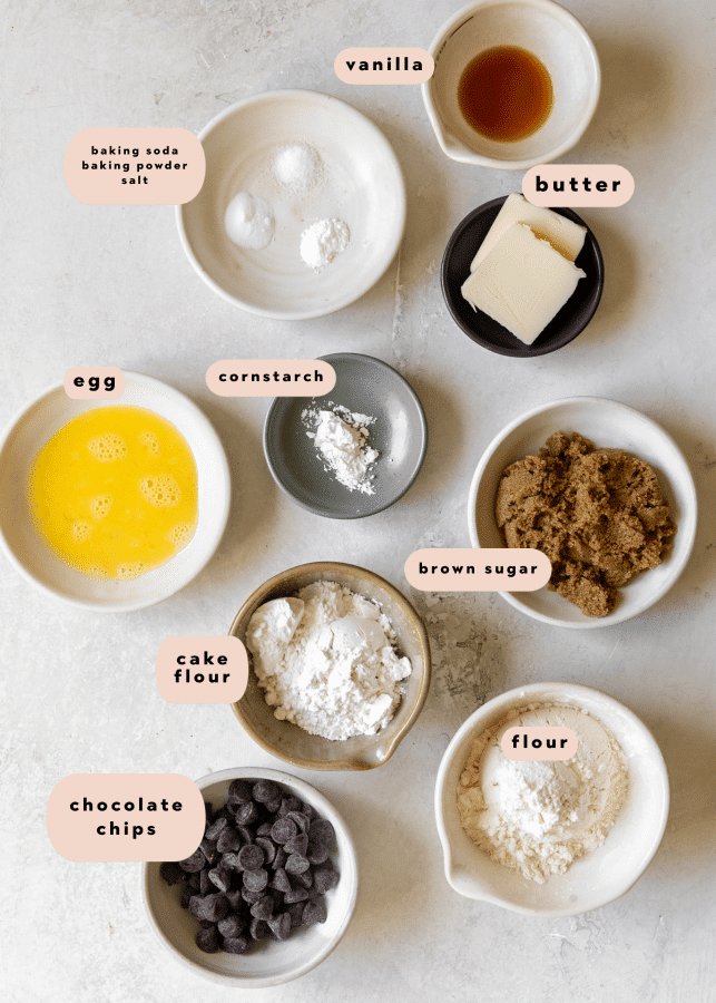 ingredients to make a cookie in small dishes. 