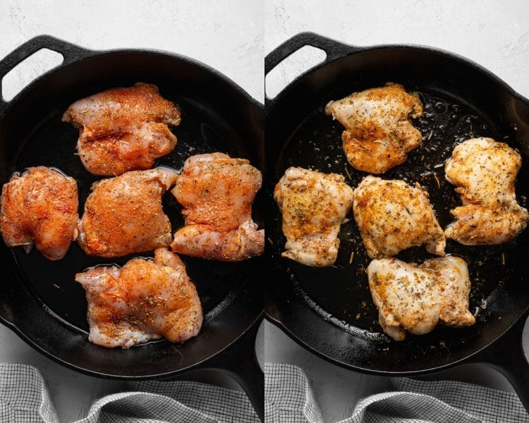 Side-by-side images showing seasoned chicken thighs before searing and golden-browned chicken thighs after cooking in a cast iron skillet.