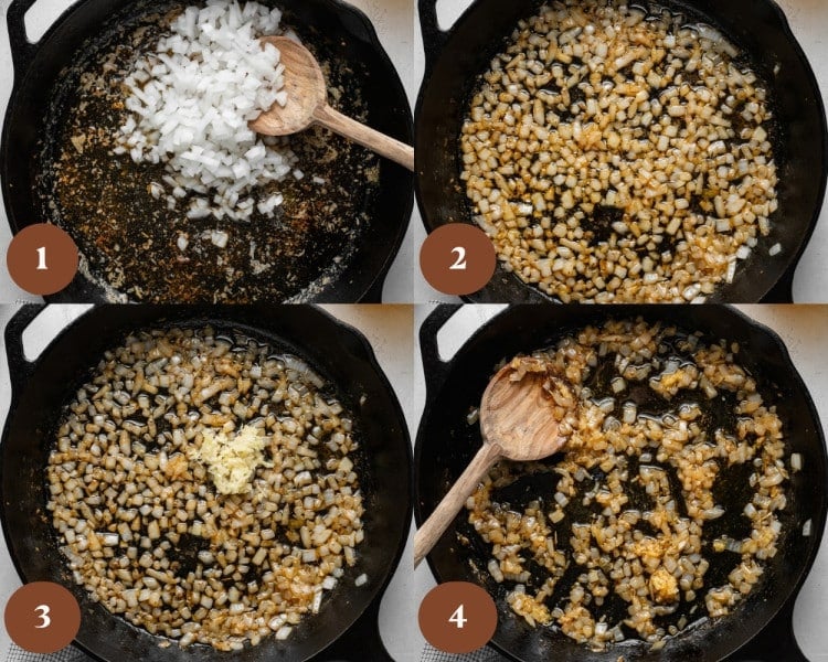 Four-step collage showing diced white onion added to a skillet, sautéed until softened, then garlic stirred in and cooked until fragrant.
