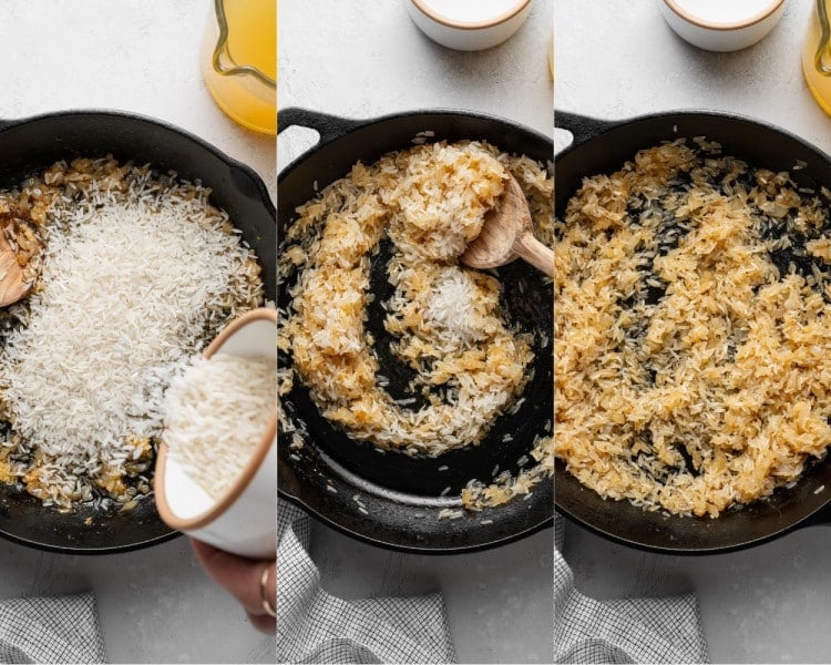 Three-step collage showing uncooked long-grain white rice added to sautéed onions and stirred until evenly coated and lightly toasted.