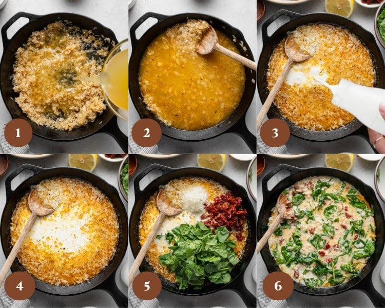 Six-step collage showing chicken broth and heavy cream added to toasted rice, followed by Parmesan cheese, spinach, and sun-dried tomatoes to create a creamy Tuscan rice mixture.