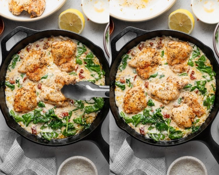 Side-by-side images showing browned chicken thighs returned to the creamy rice mixture in a cast iron skillet before baking.