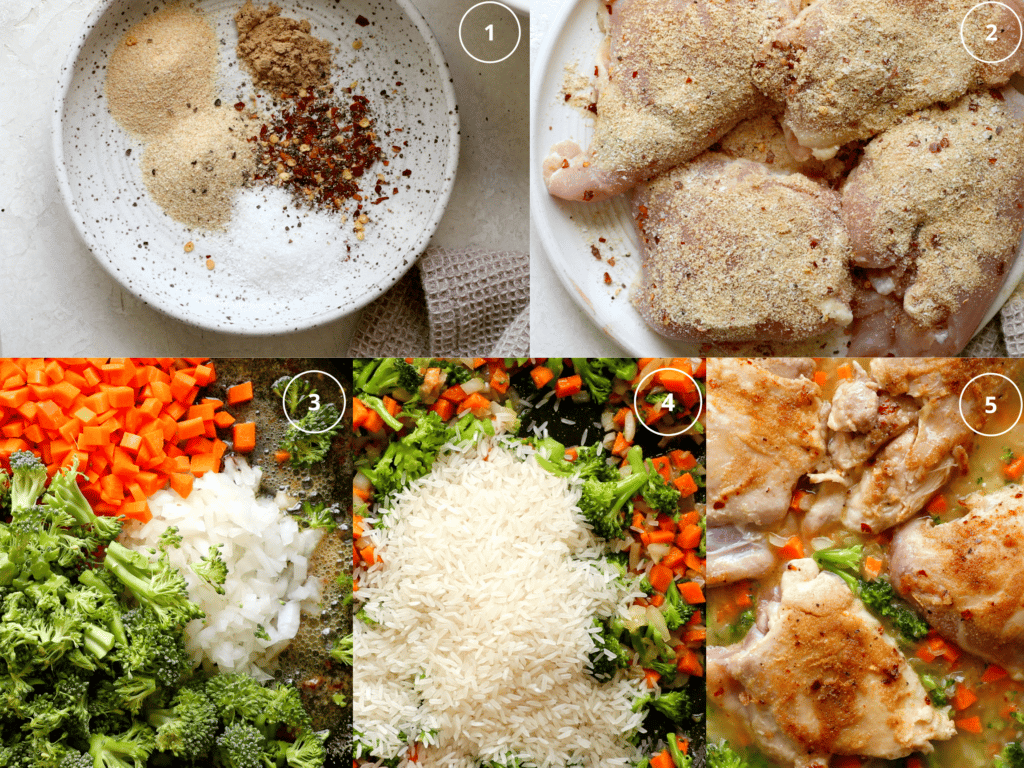 step by step photos making a teriyaki and chicken rice dinner. 